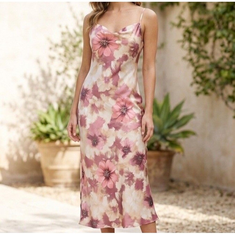 VTG Bebe Floral Satin Slip Dress Midi Cowl Neck Pink Gold Y2K 90s Medium USA